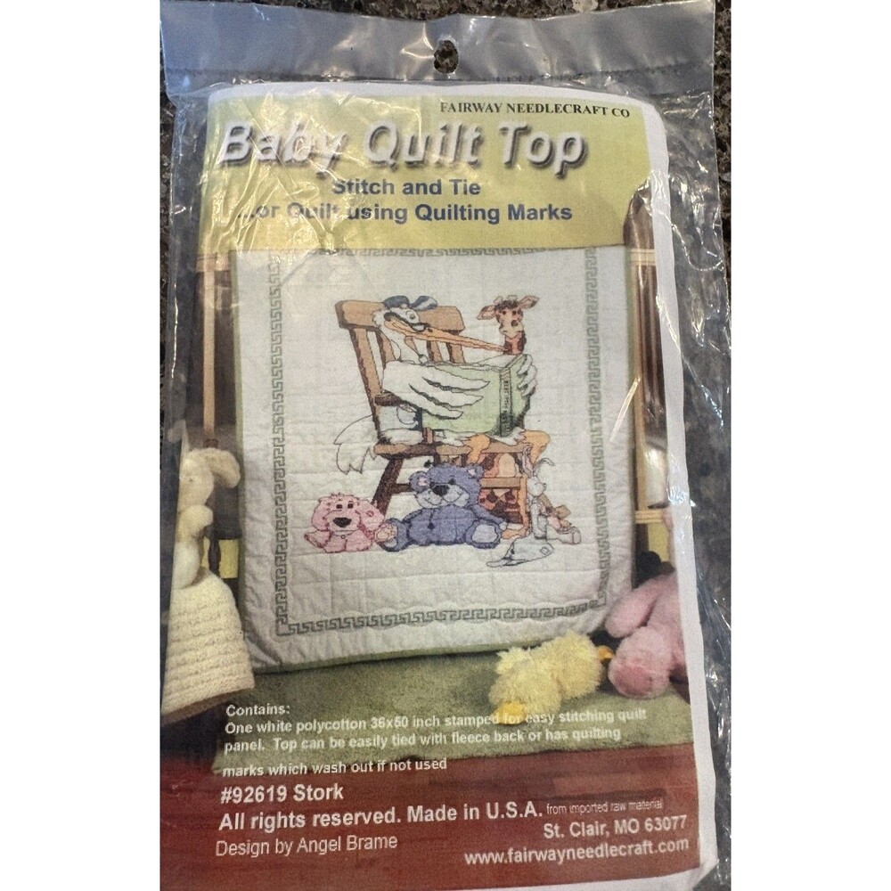 Fairway Needlecraft Cross-stitch Baby Quilt Top Stork Bears USA made New 92619